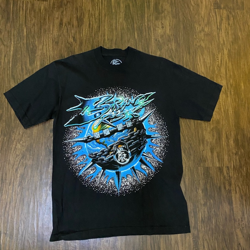 Black Graphic T-Shirt with Blue and White Design